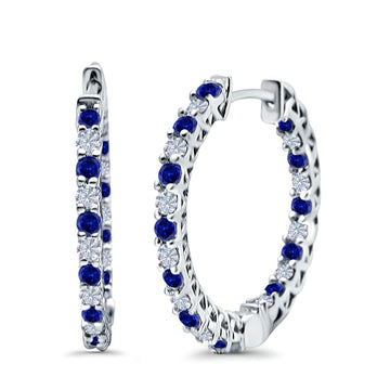 Huggie Hoop Earrings Round Simulated Blue Sapphire CZ 925 Sterling Silver (14mm)